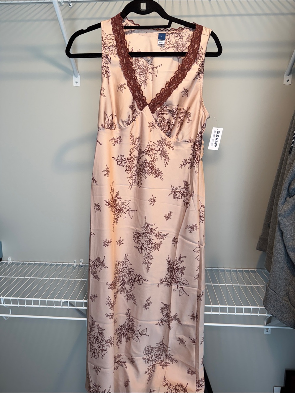 Old Navy Blush Pink Slip Dress with Brown Floral Lace Trim